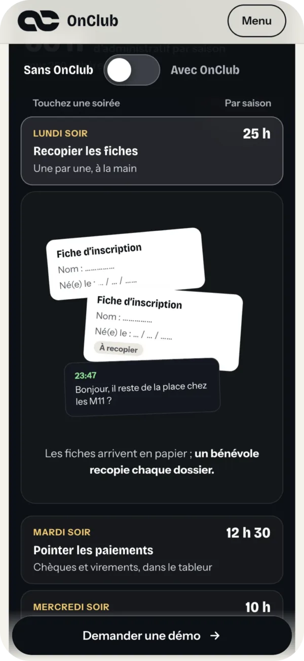 Écran mobile de OnClub, le SaaS de gestion de clubs que je cofonde